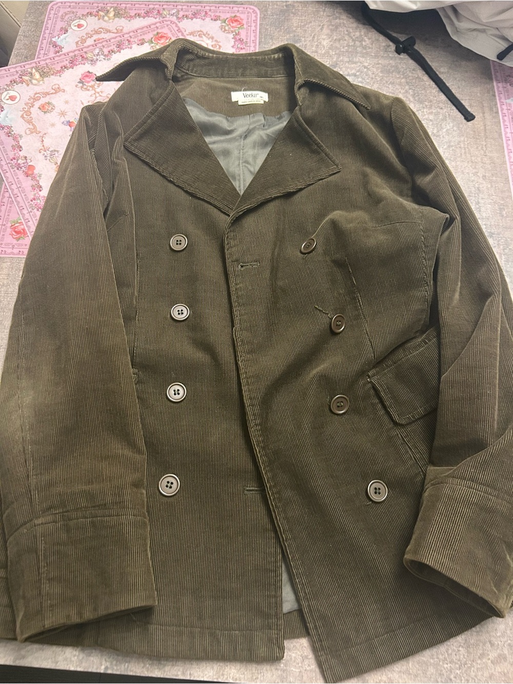 Veda Olive Green Corduroy Double-Breasted Pea Coat